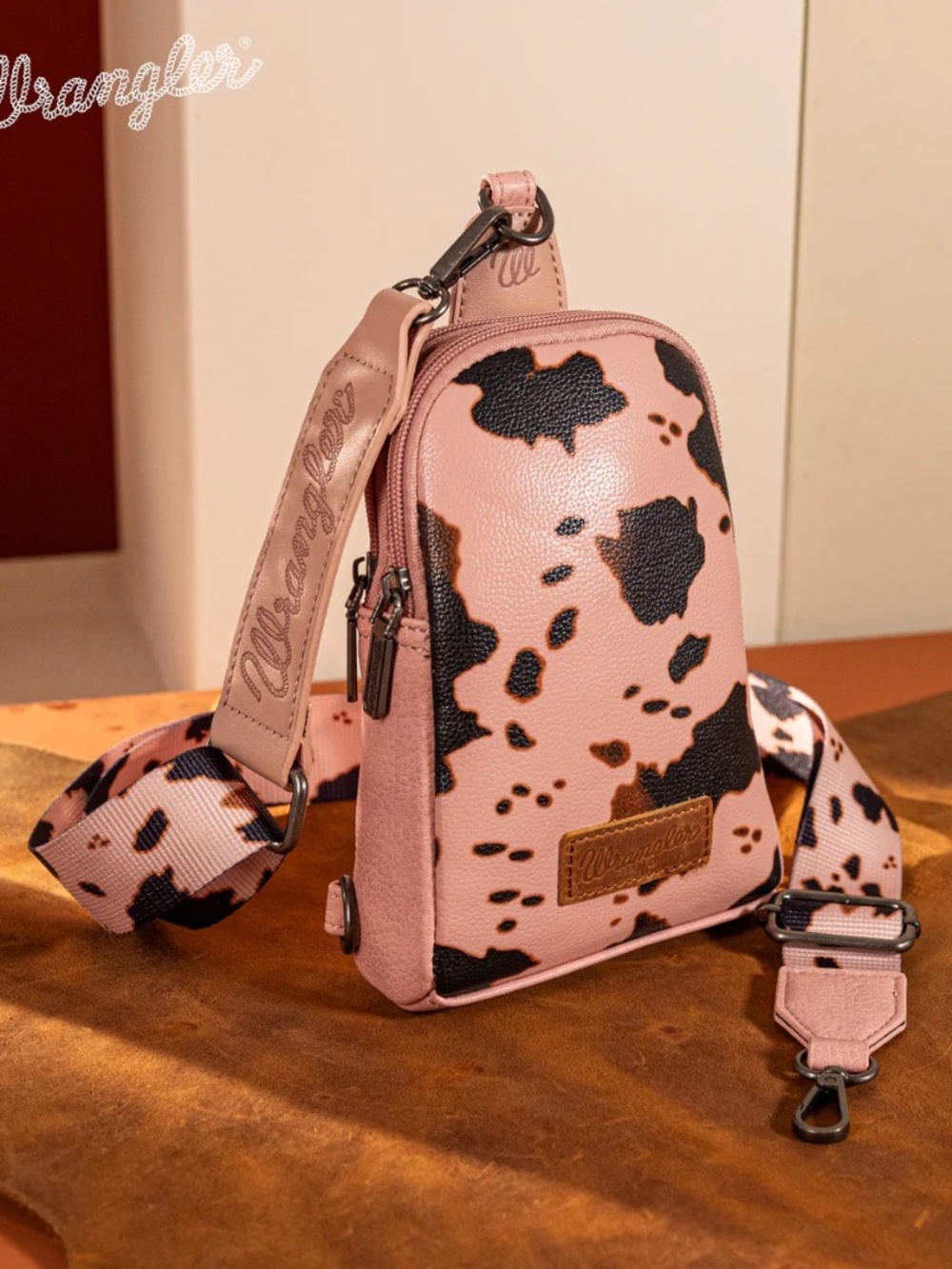 Wrangler Cow Print Crossbody Sling Chest Bag - Pink